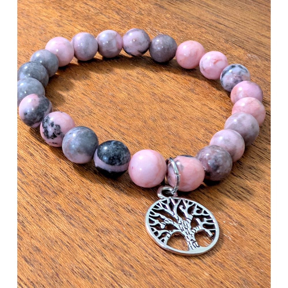 Tree of Life Bracelet Natural Pink Gray Stones Friend Gift Elastic Bead Chain